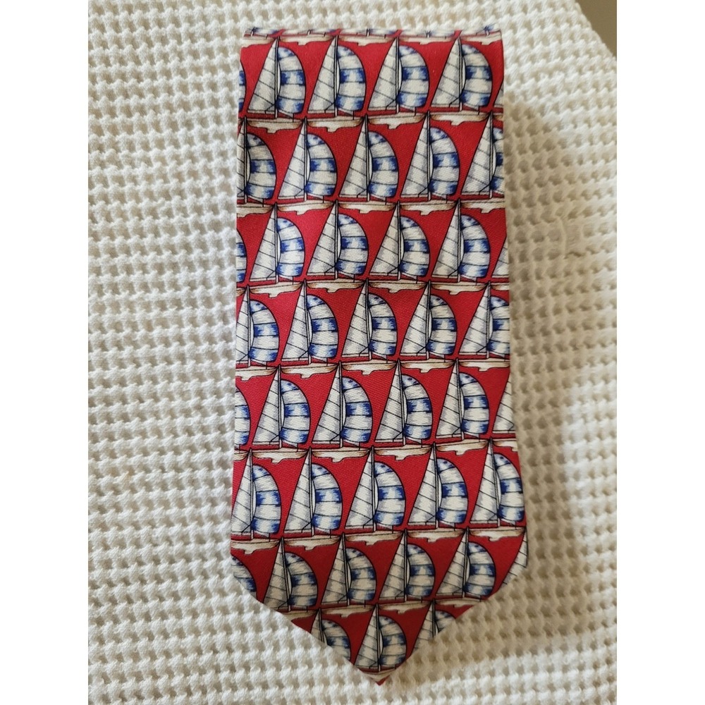 Christian Pelini Mens 100% Silk‎ Nautical/Sailboat Pattern Red Necktie Handmade
